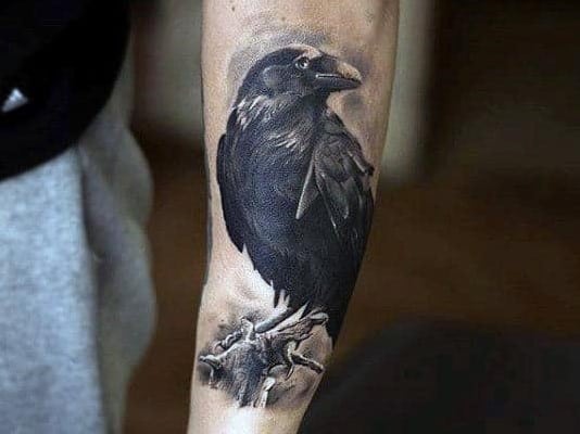 Raven perched-on-branch-tattoo-on-forearms-for-guys