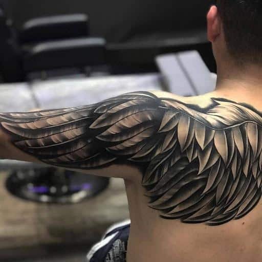 shoulder blackgrey wings tattoo, Small Tattoo, bird sleeve tattoo for men