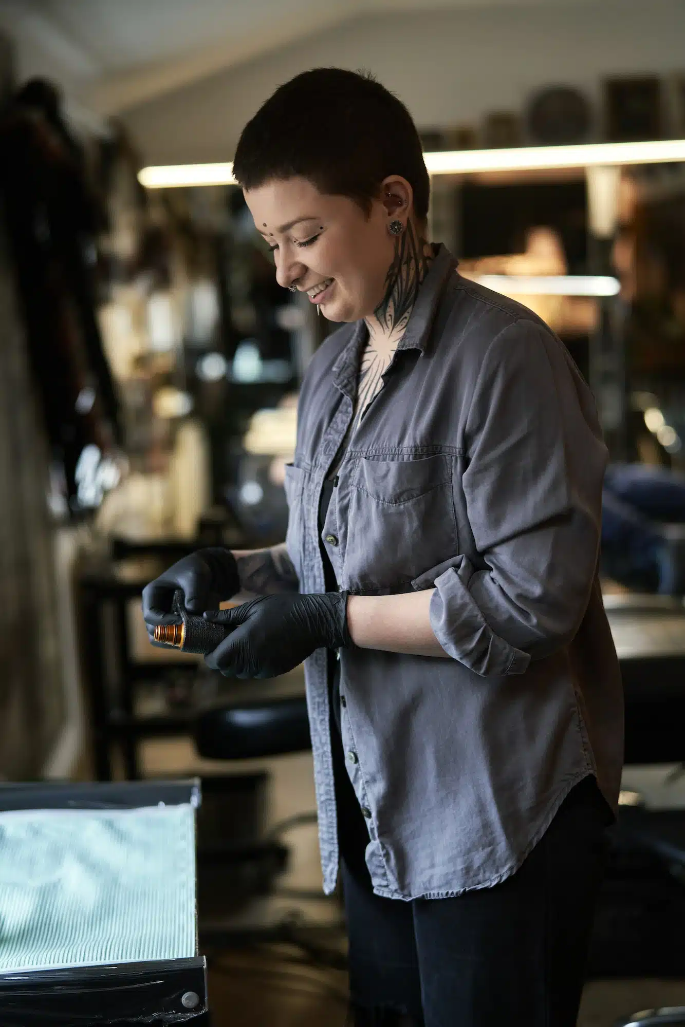 Smiling caucasian women preparing for tattooing, Tattoo Cover Up