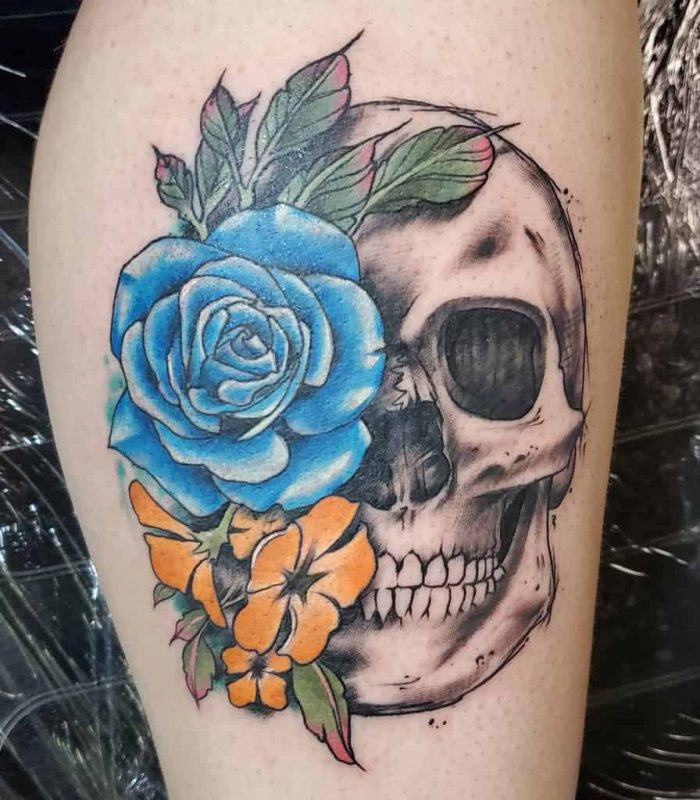 skull-and-rose-leg-tattoo